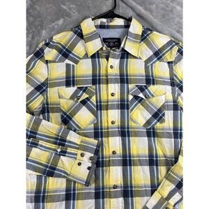 American Eagle Shirt Mens Large Yellow Madras Plaid‎ Vintage Fit Pearl Snap